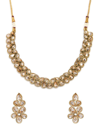 Dhiyona RJ Women's 22K Gold-Plated Kundan Stone Studded Necklace Set with Teardrop Shaped Earrings