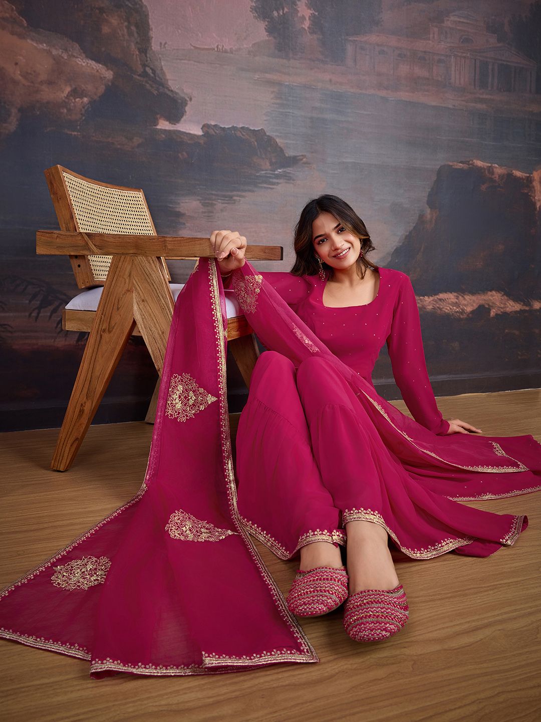 Dhiyona HOP U-Neck Anarkali Georgette Kurta & Sharara WithDupatta