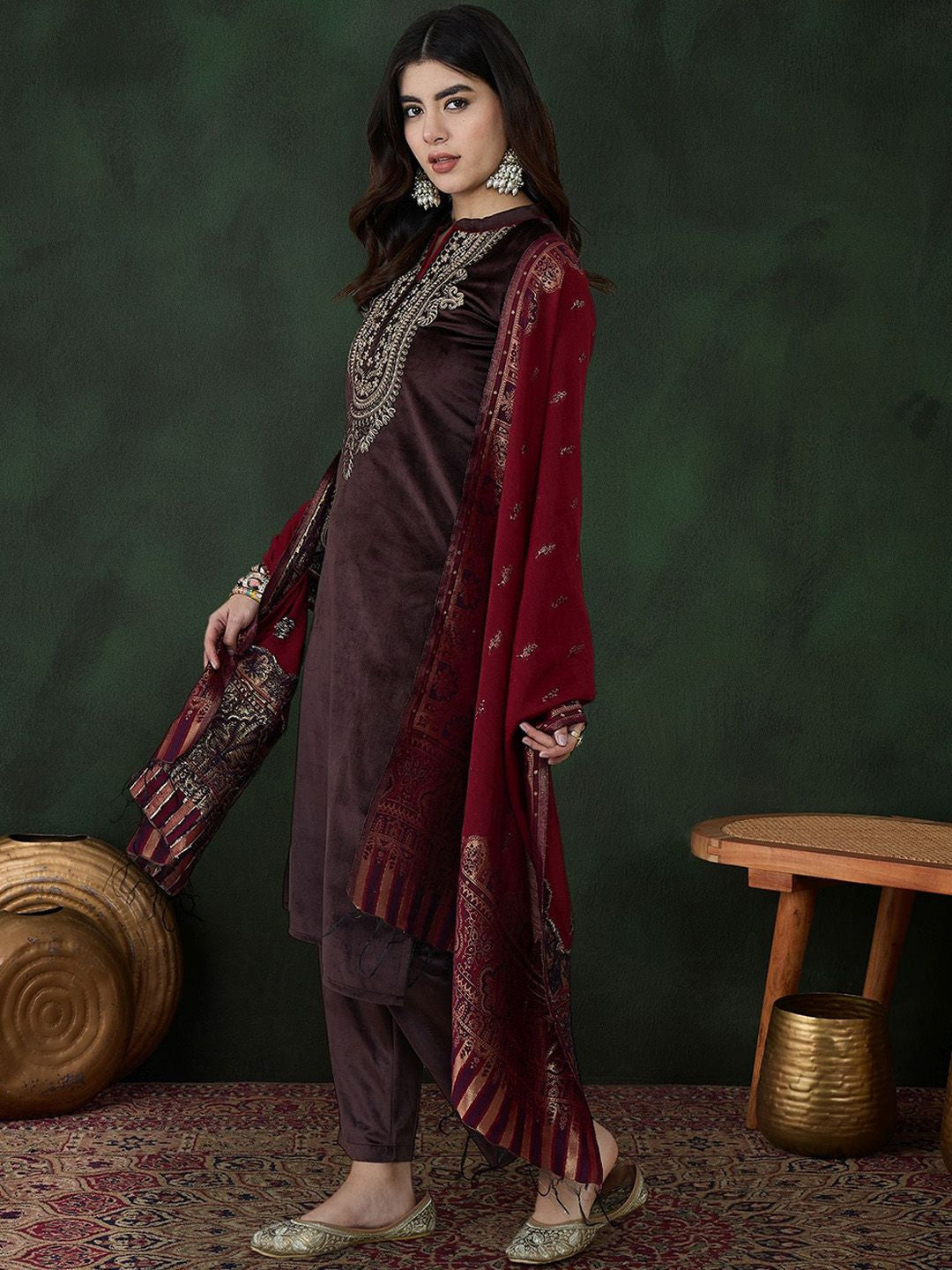 Coffee Brown Floral Embroidered Velvet Kurta With Trouser With Dupatta