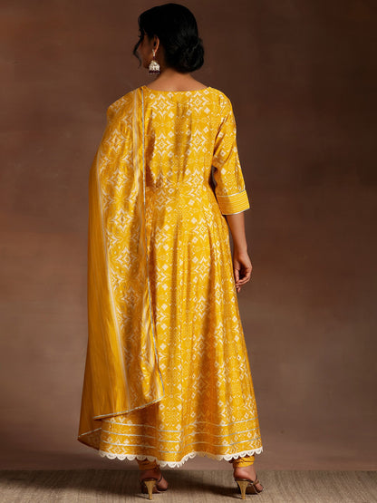 Womens Mustard Printed Anarkali Kurta With Churidar & Dupatta