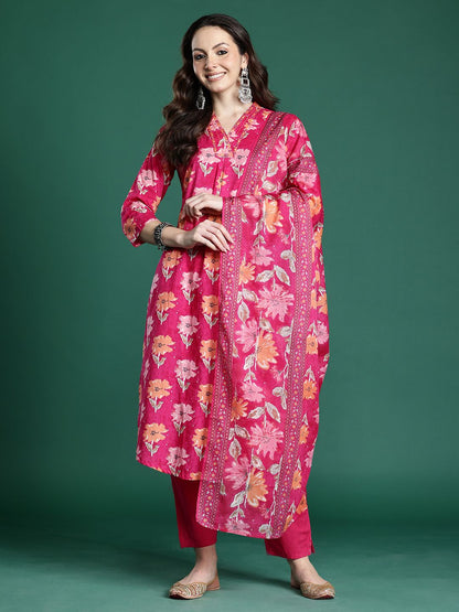 Floral Printed Pure Cotton Kurta with Trousers & Dupatta