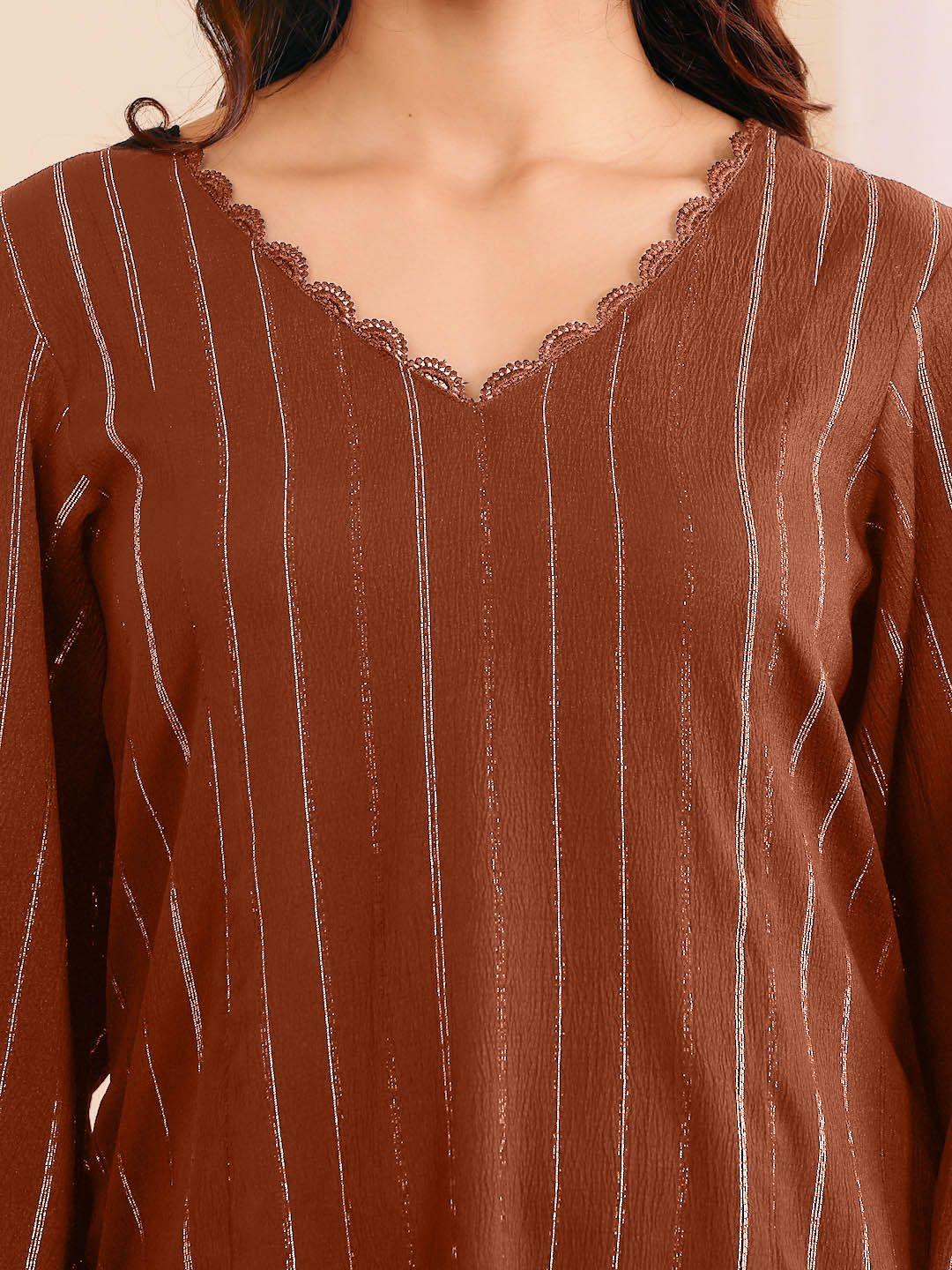 Brown Striped V-Neck A-Line Kurta With Trousers