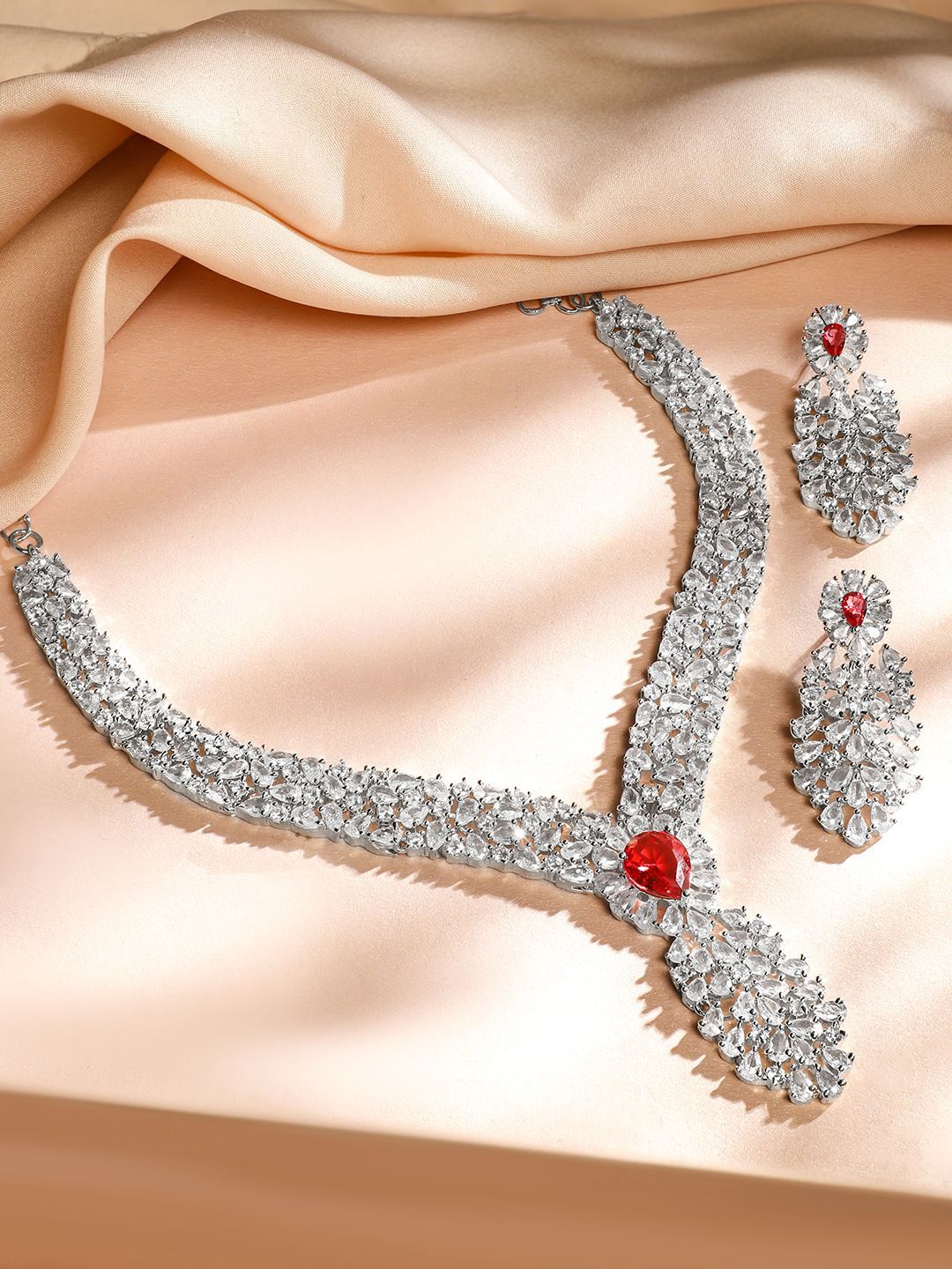 Dhiyona RJ Women's Rhodium-Plated Ruby Red & Cubic Zirconia Floral & Leaf-Inspired Luxe Jewellery Set