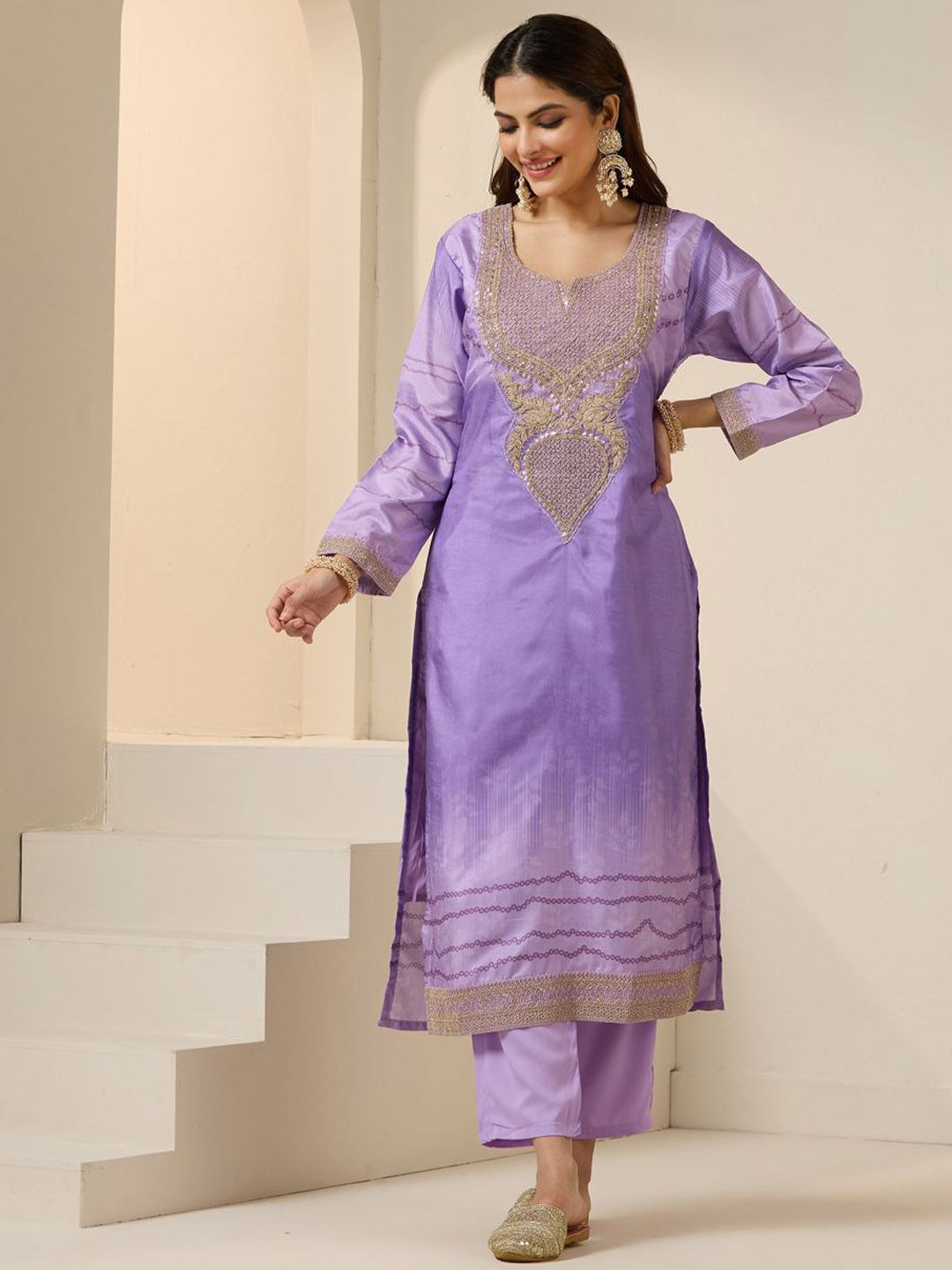 Dhiyona IS Women's Ethnic Motifs Embroidered Zari Work Straight Kurta with Trousers & Dupatta