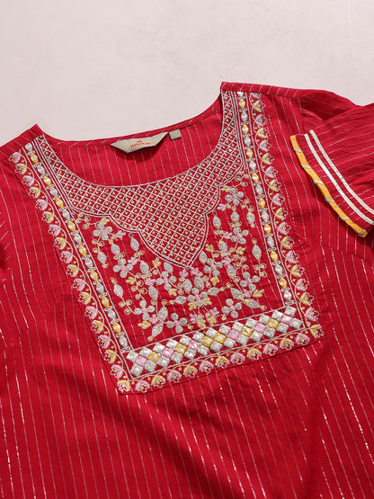 Dhiyona AN Floral Yoke Design Thread Work Pure Cotton Straight Kurta With Sharara & Dupatta