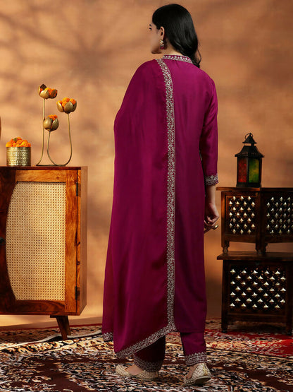 Women's LB Maroon Yoke Design Silk Blend A-Line Kurta With Palazzos & Dupatta