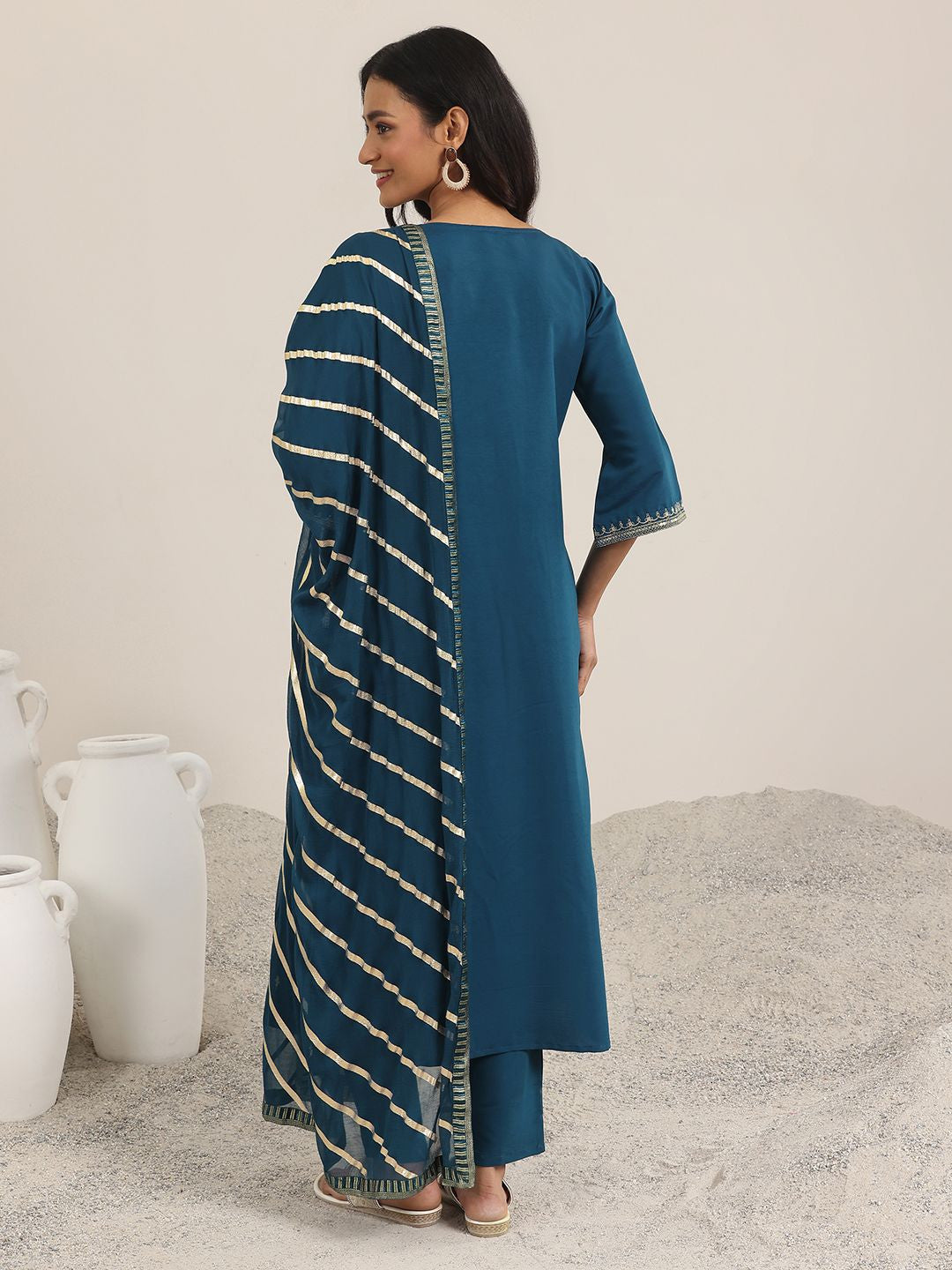Blue Round Neck Floral Zari Embroidered A-Line Kurta With Trouser And Dupatta