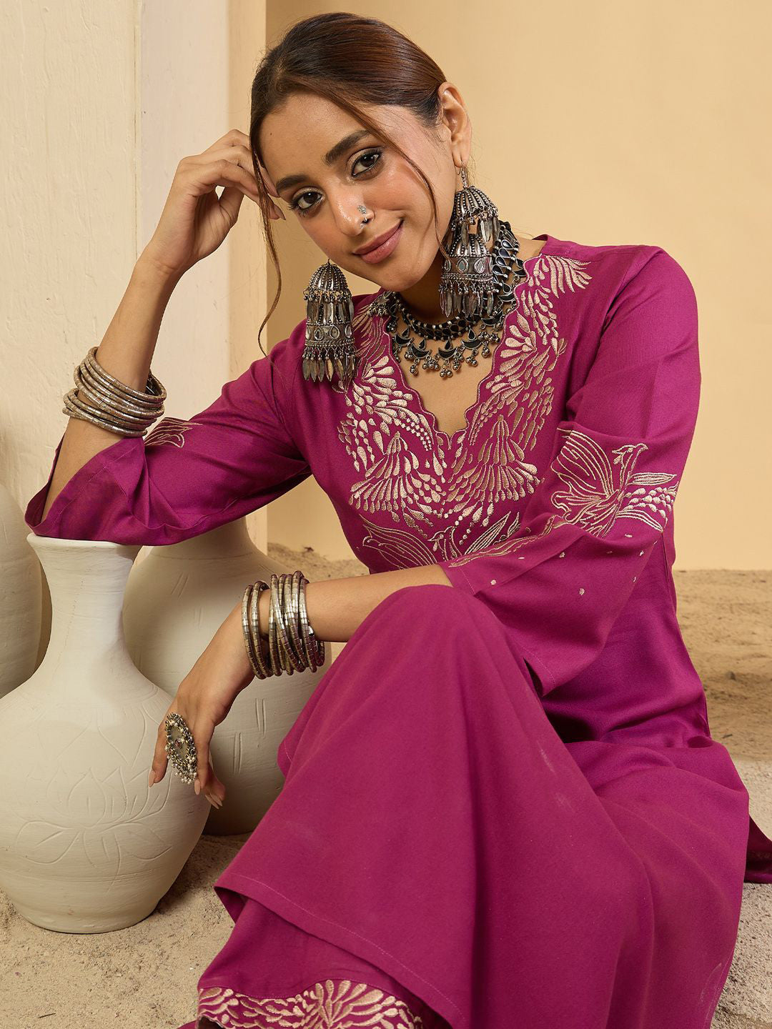 Women Embroidered Regular Thread Work Kurta with Trousers