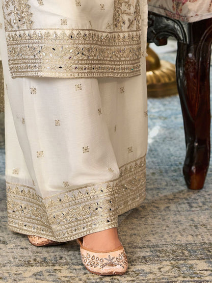 Dhiyona IE Floral Embroidered Notch Neck Mirror Work Straight Kurta With Palazzos & Dupatta