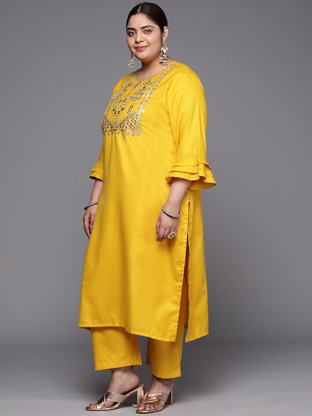 Mustard Xtra Yoke Design Gotta Patti Pure Cotton Kurta With Trousers & Dupatta