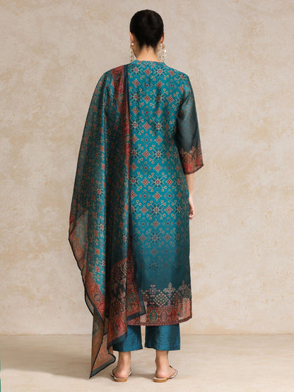 Teal Women Printed Regular Chanderi Silk Kurta with Trousers & With Dupatta