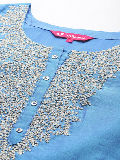 Blue Floral Embroidered Chanderi Silk Kurta With Trousers & Dupatta