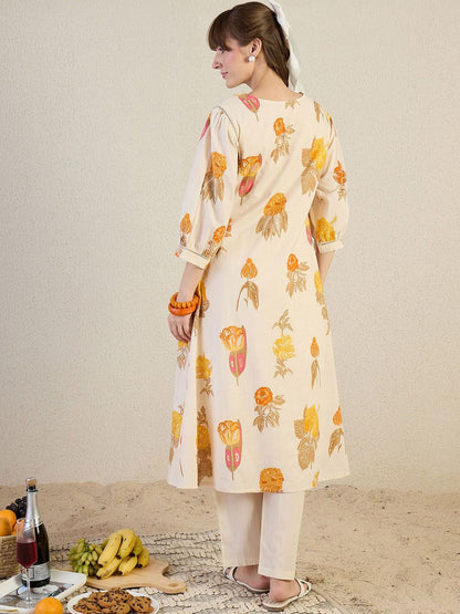 Floral Printed Pleated V-Neck Pure Cotton A-Line Kurta With Trousers