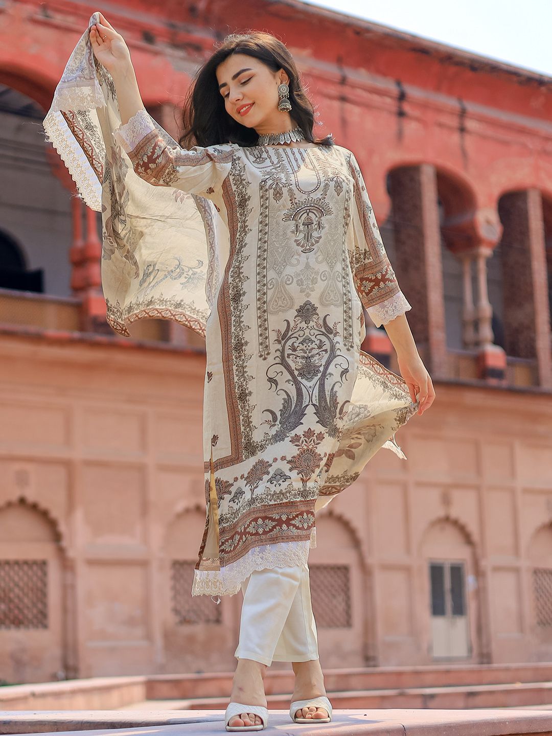 Dhiyona LL Beige Printed Ethnic Motifs Sequinned Straight Kurta With Palazzos & Dupatta