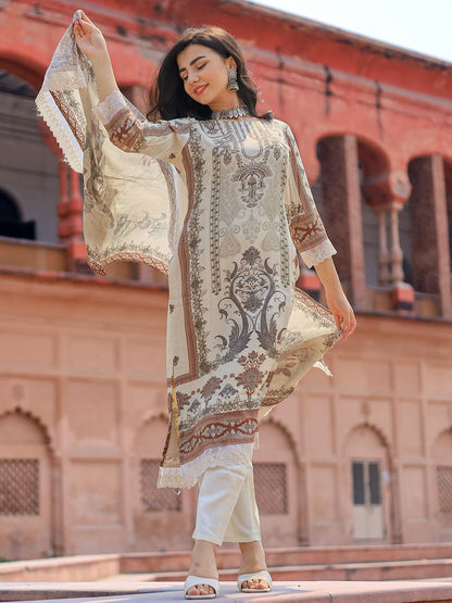 Dhiyona LL Beige Printed Ethnic Motifs Sequinned Straight Kurta With Palazzos & Dupatta