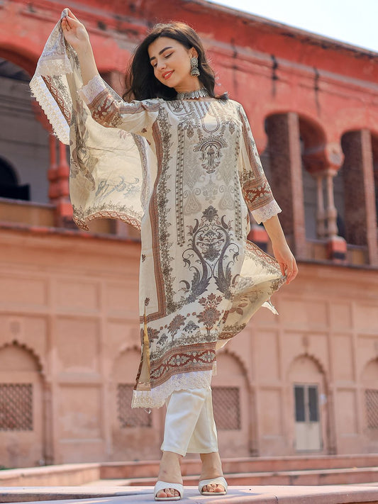 Dhiyona LL Beige Printed Ethnic Motifs Sequinned Straight Kurta With Palazzos & Dupatta