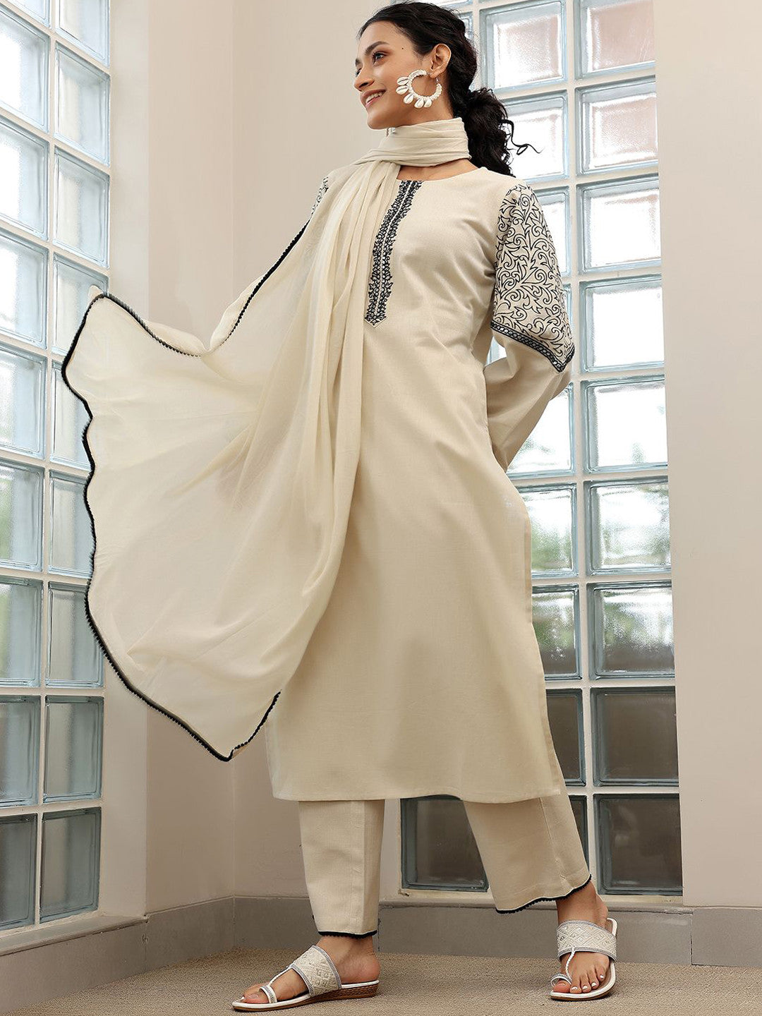 Thread Work Straight Kurta With Palazzos & Dupatta