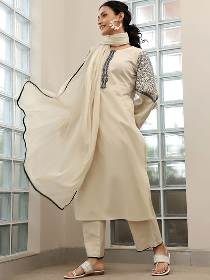 Thread Work Straight Kurta With Palazzos & Dupatta