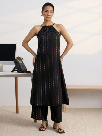 Libas Black Woven Design Halter-Neck Straight Kurta Set