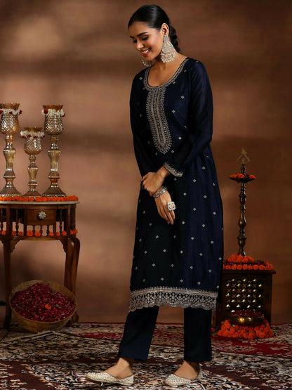 Women's LB Blue Embroidered Silk Blend Straight Suit With Dupatta