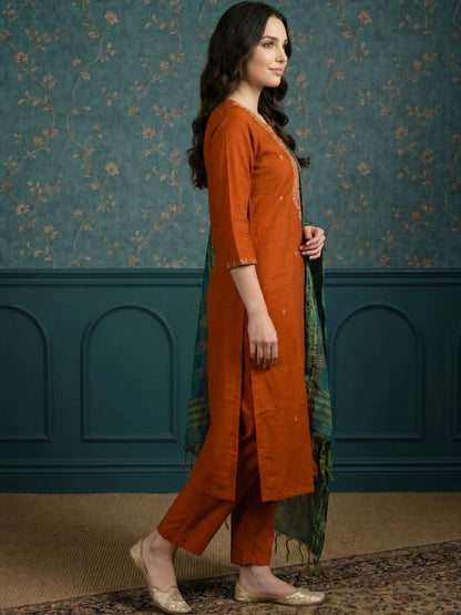 Women Ethnic Motifs Embroidered Regular Thread Work Kurta with Trousers & With Dupatta