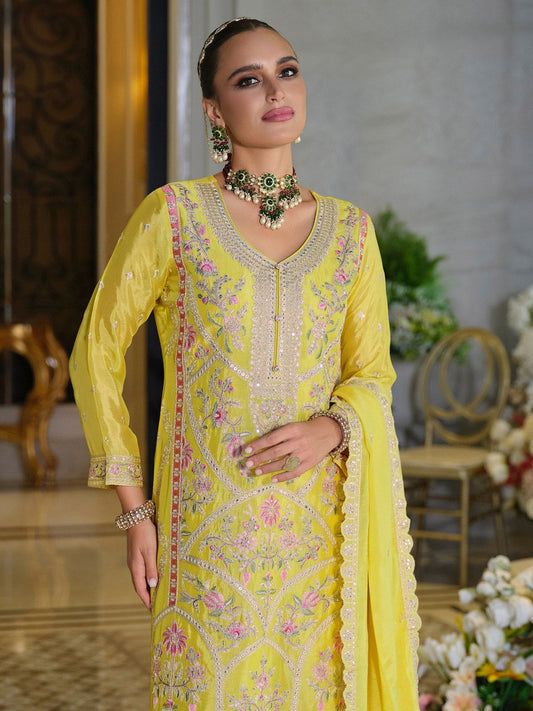 Adults-Women Woven Design Embroidered Kurta with Palazzos & Dupatta
