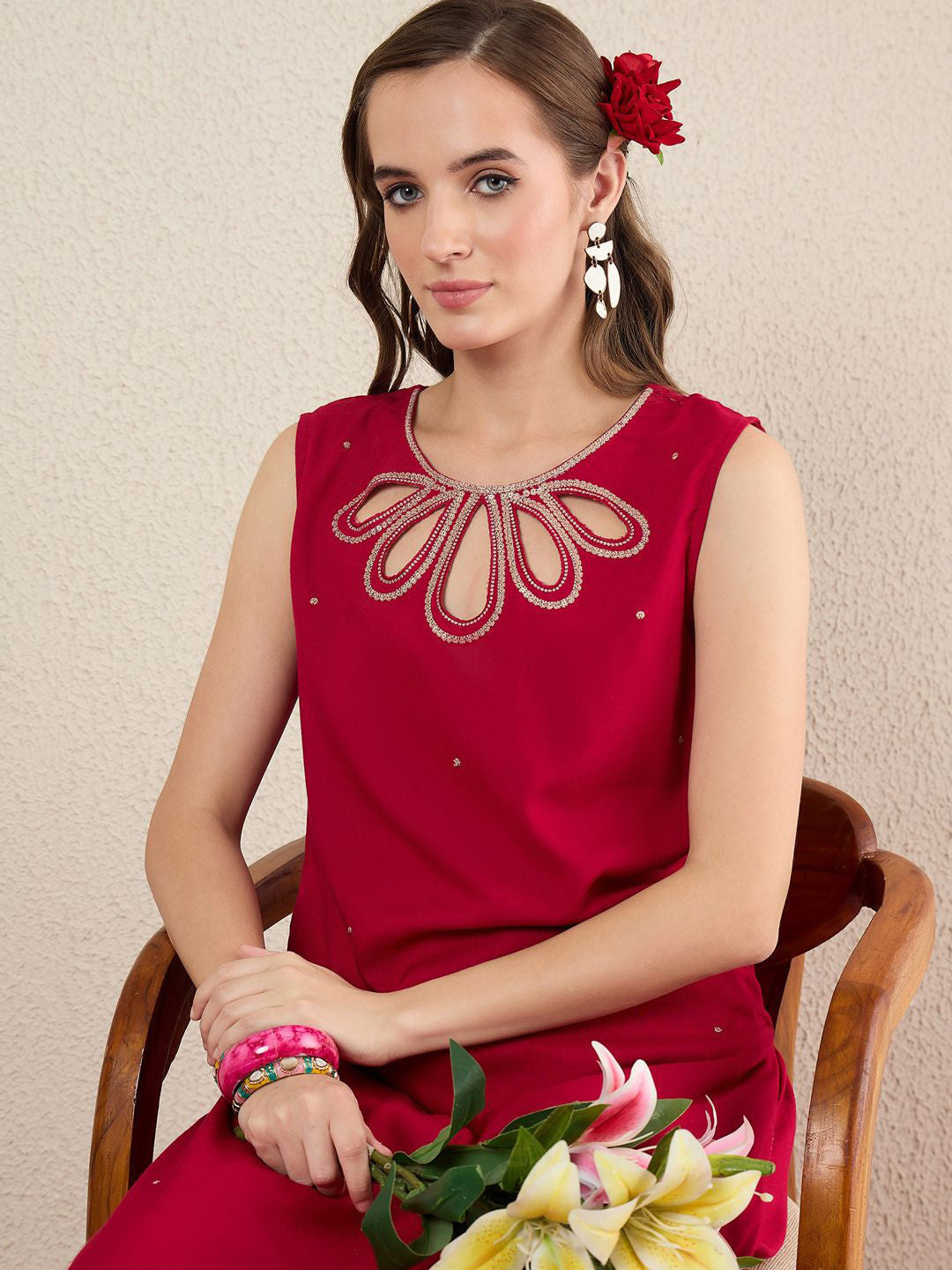 Women Solid Embroidered Kurta with Trousers