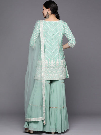 Dhiyona LL Embroidered Regular Pure Silk Kurti with Sharara & Dupatta