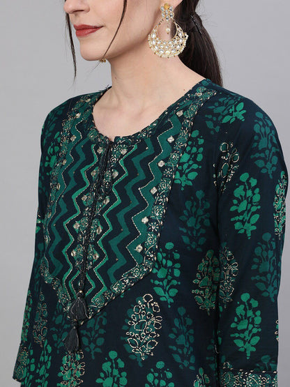 Dhiyona IS Women's Women Navy Blue & Green Printed Kurta with Skirt