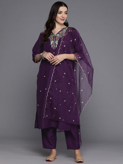 Dhiyona IE Women Floral Yoke Design Regular Thread Work Kurta with Trousers & Dupatta