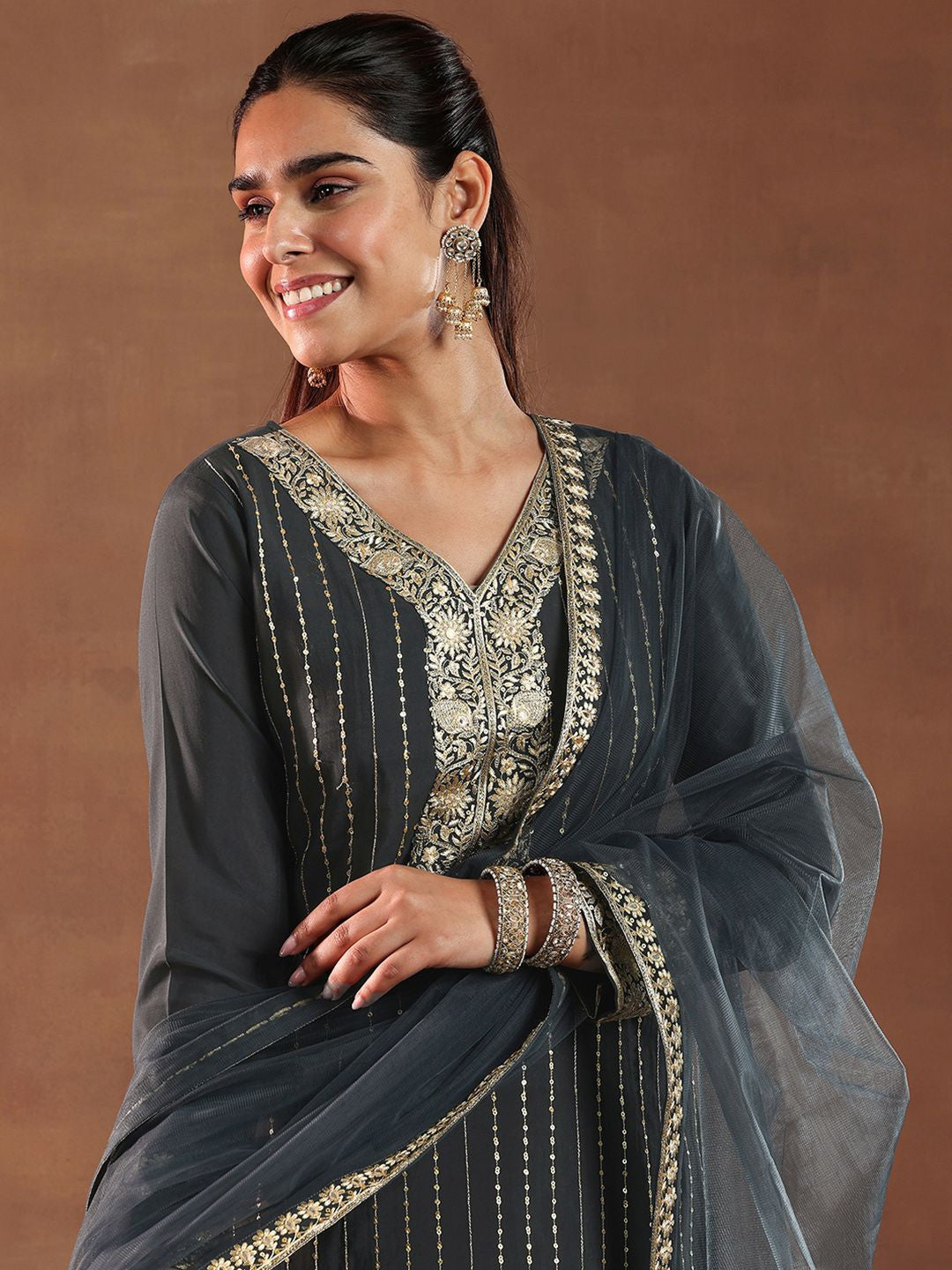 Black and Grey Floral Embroidered Thread Work Kurta with Trouser & Dupatta