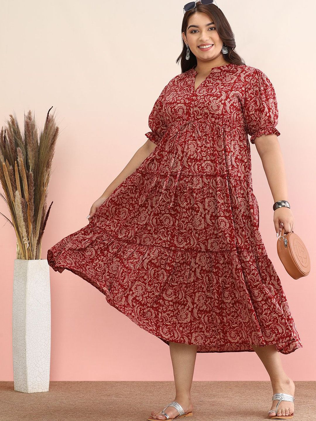 Dhiyona AY Women's Ethnic Motif Cotton Puff Sleeve Empire Plus Size Midi Dress