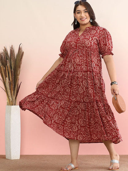 Dhiyona AY Women's Ethnic Motif Cotton Puff Sleeve Empire Plus Size Midi Dress