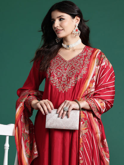Floral Embroidered Sequinned Kurta With Trousers & Dupatta