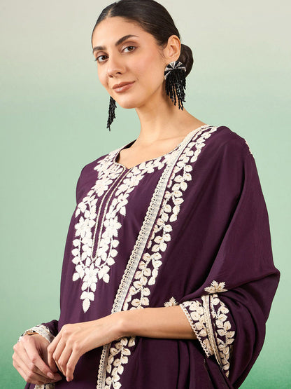 Purple & White Floral Embroidered Jacquard Straight Kurta With Trousers & Dupatta