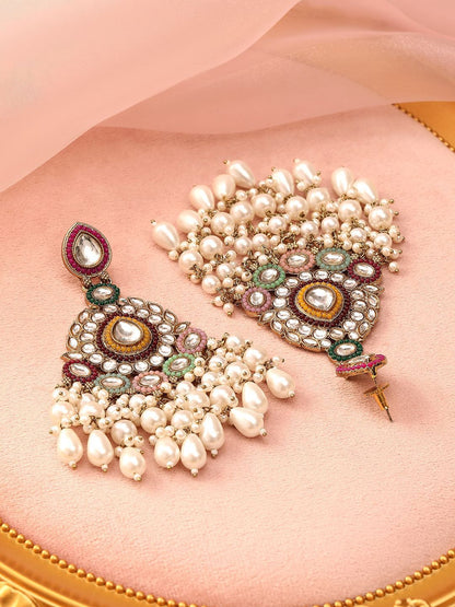 Dhiyona RJ Women's 22K Gold Plated Kundan Studded & Beaded Classic Chandbalis