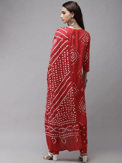 Dhiyona IS Women's Women Red Bandhani Printed Regular Kurta with Trousers & With Dupatta