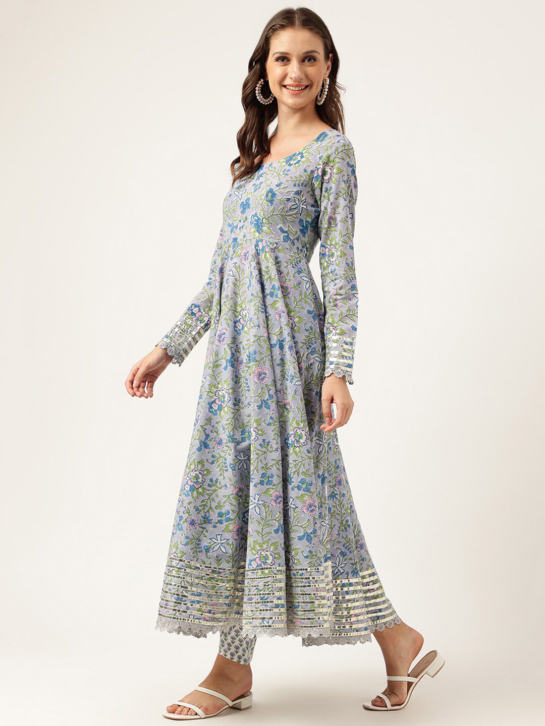 Dhiyona KL Floral Printed Pure Cotton Anarkali Kurta & Trousers With Dupatta