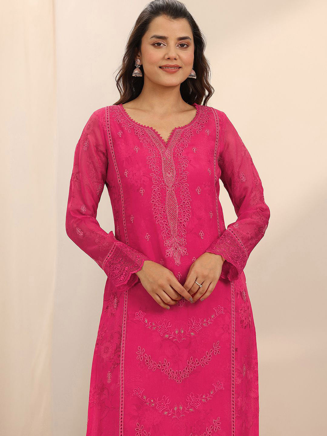 Floral Embroidered Notch Neck Thread Work Straight Kurta With Trousers & Dupatta