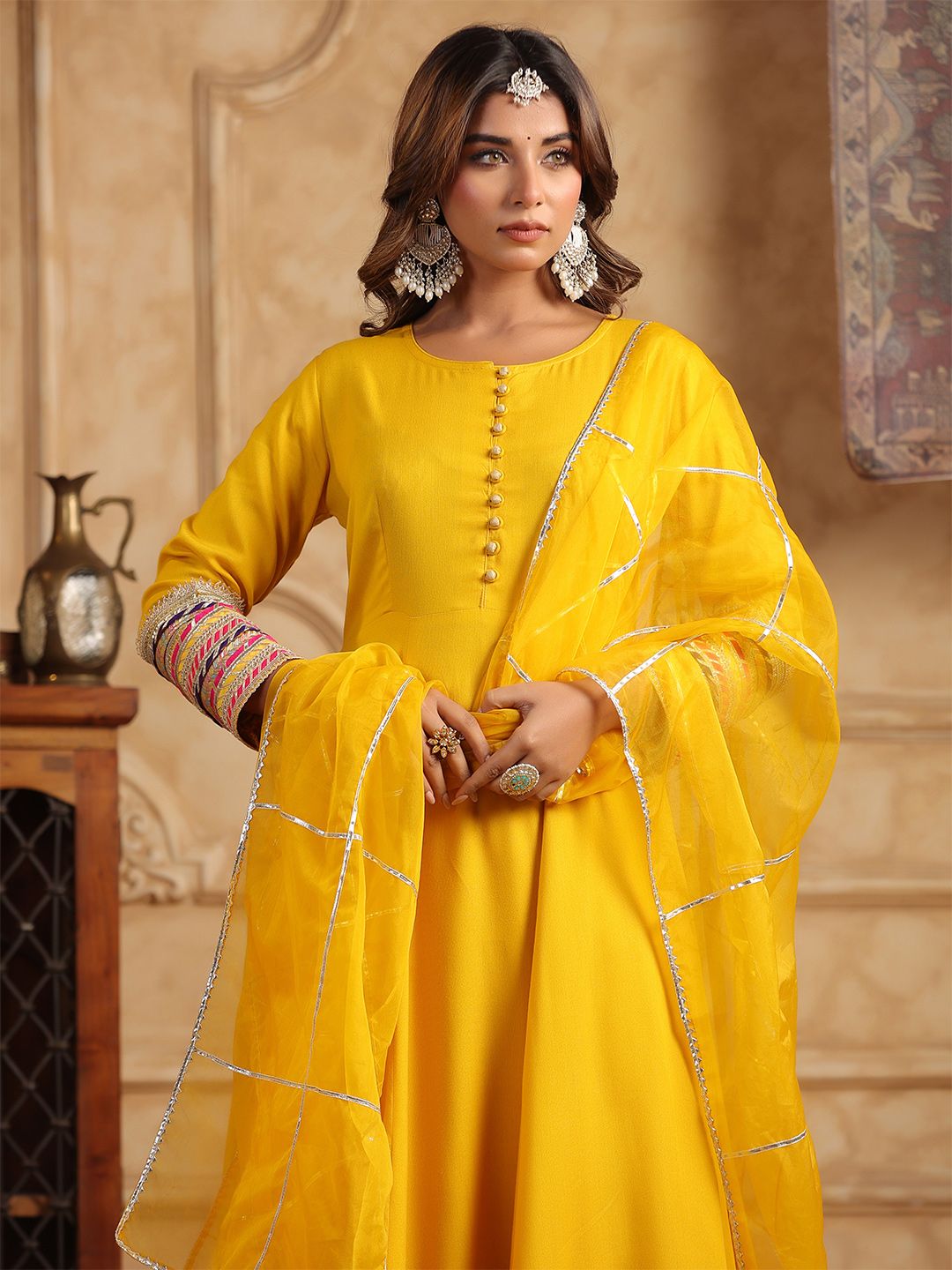 Dhiyona RR Women's Regular Gotta Patti Anarkali Kurta With Trousers & Dupatta