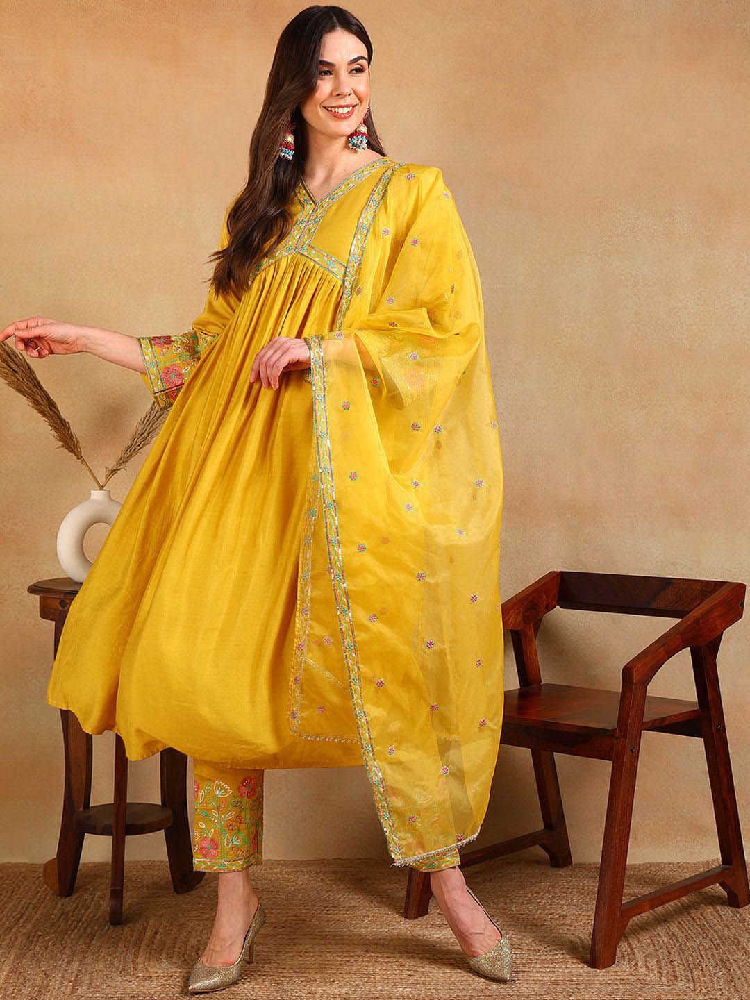 Dhiyona KL Floral Embroidered V-Neck Pleated Anarkali Kurta with Trousers & Dupatta