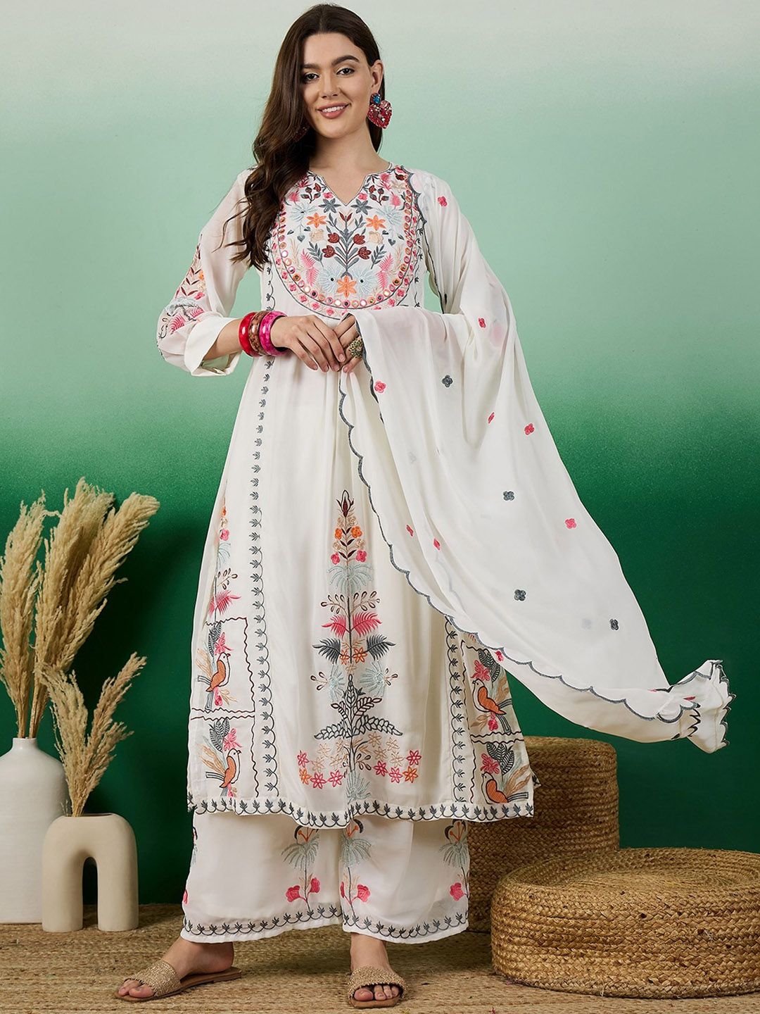 Dhiyona KL Floral Embroidered Georgette Straight Kurta With Palazzo & Dupatta