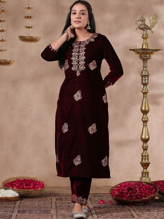 Dhiyona IS Women's Maroon Ethnic Motifs Embroidered Thread Work Velvet Straight Kurta With Trouser