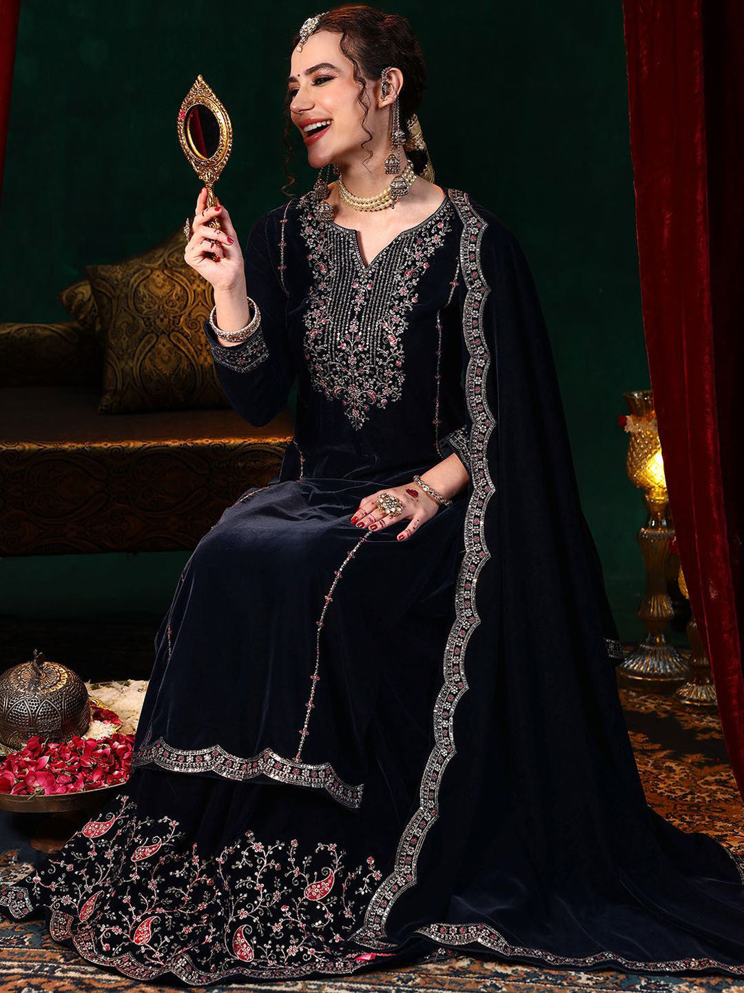 Floral Yoke Design Straight Sequinned Velvet Kurta with Skirt & Dupatta