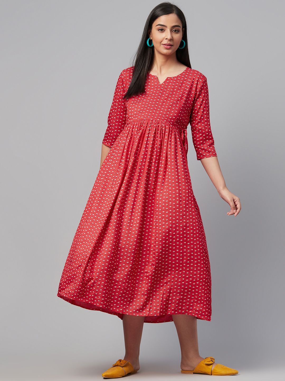Dhiyona AY Women's Red & Off-White Ethnic Motifs Printed Maternity A-Line Dress