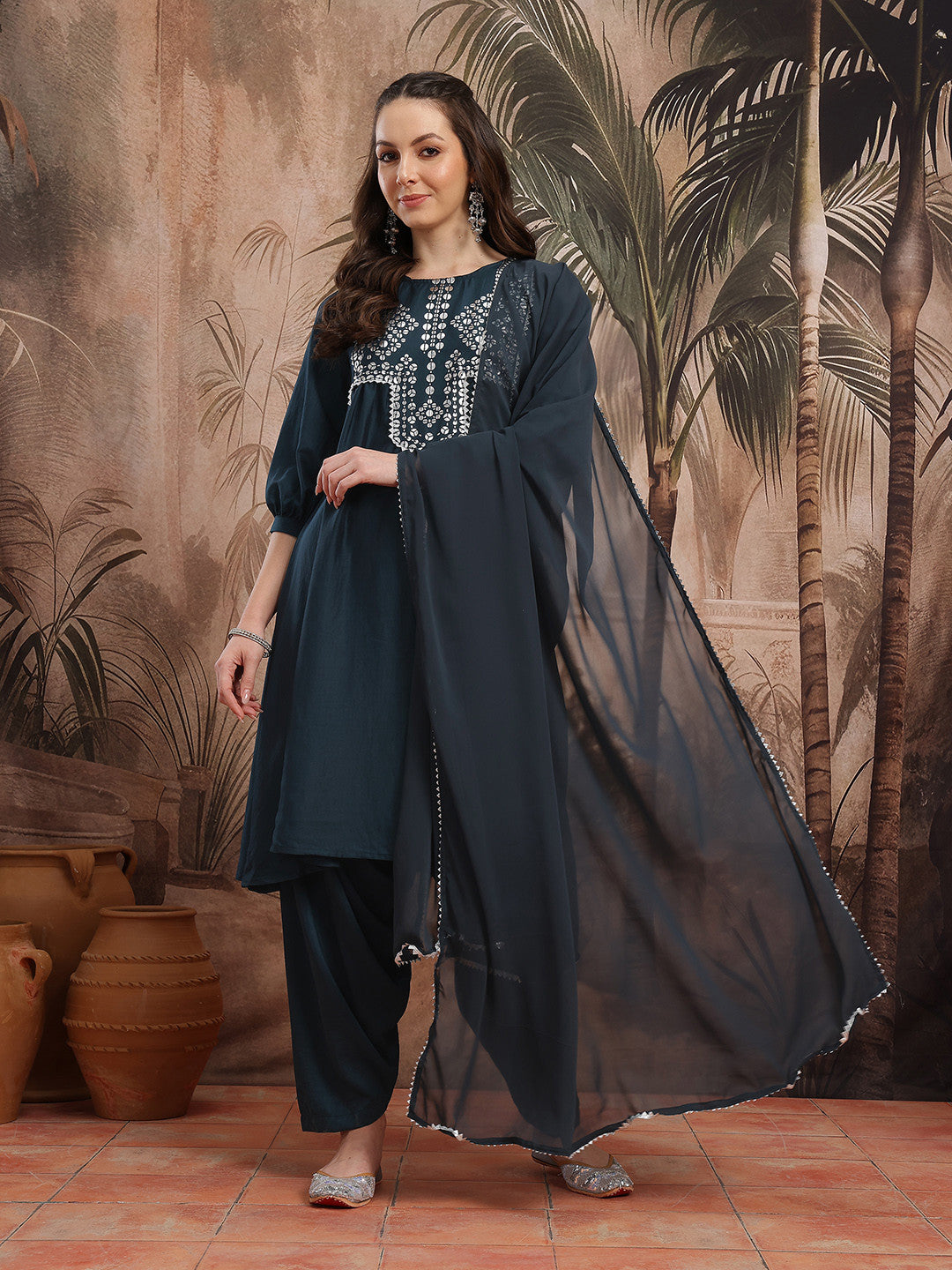Ethnic Motifs Foil Print Gotta Patti Detail A-Line Kurta with Salwar & Dupatta