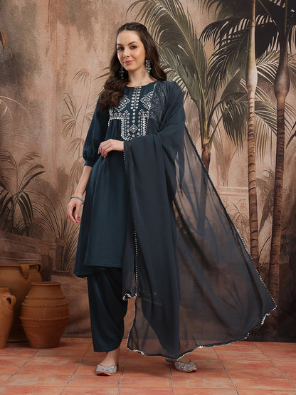 Ethnic Motifs Foil Print Gotta Patti Detail A-Line Kurta with Salwar & Dupatta