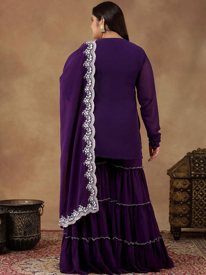 Dhiyona IN Plus Size Floral Embroidered Georgette Straight Kurta With Sharara & Dupatta