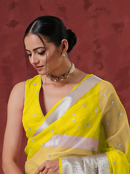 Dhiyona ST Blouse - Canary Sleeveless Organza with Embroidery and Silver edge Waist