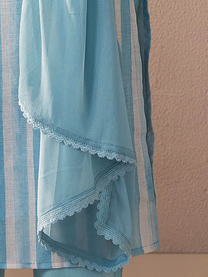 Floral Printed V-Neck Linen Kurta with Trousers & Dupatta